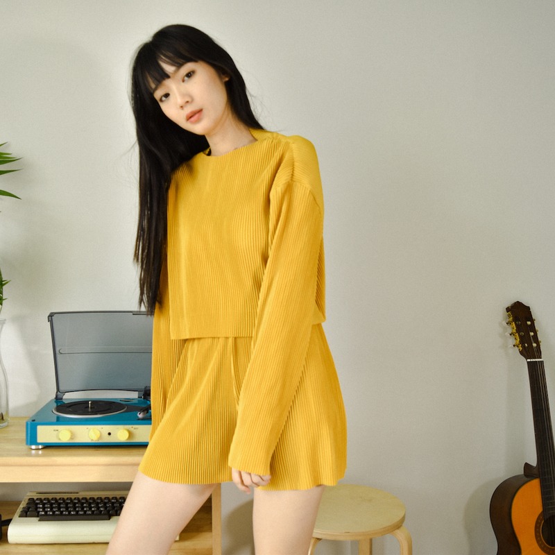Mustard Yellow Pleat Long Sleeve Crop Top